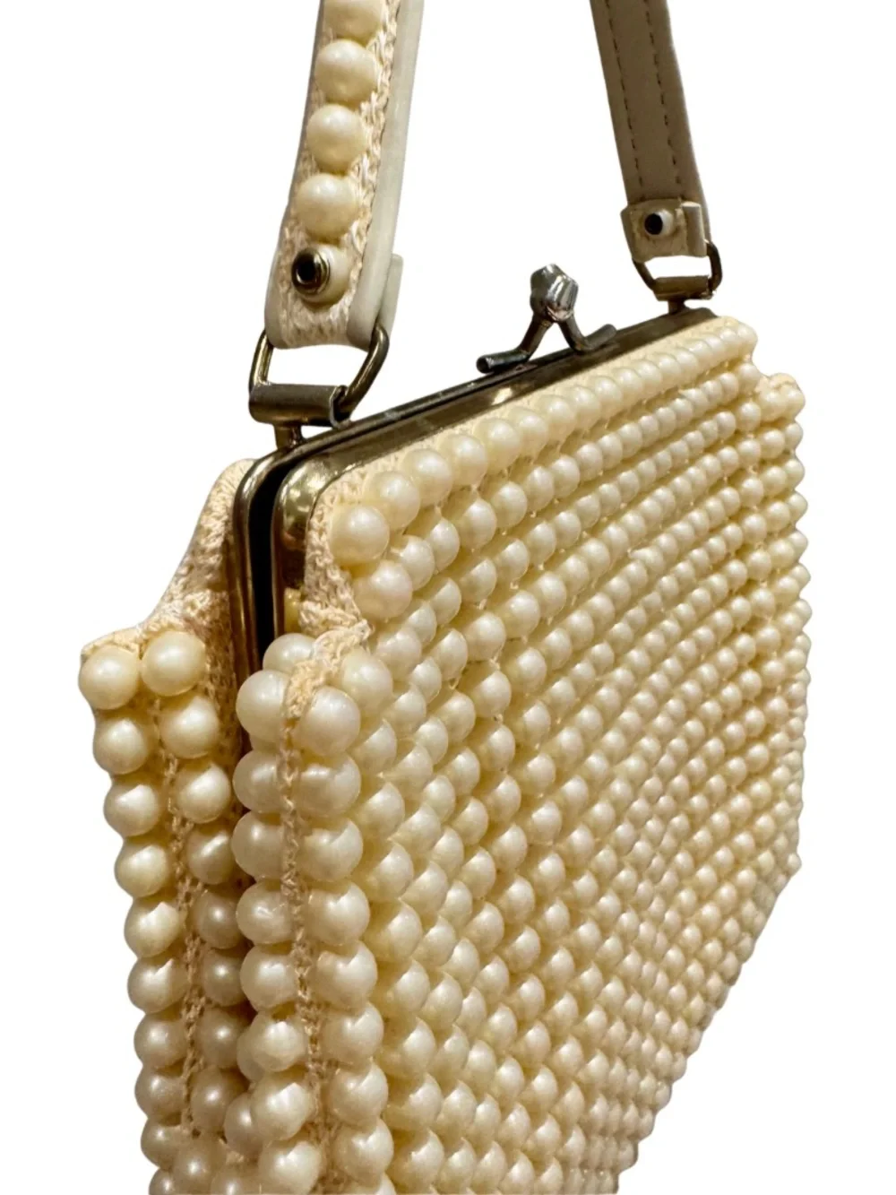 Vintage Pearl-Embellished Cream Frame Clutch Purse Handbag - Retro!